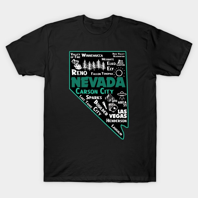 Carson City Nevada Map Las Vegas Winnemucca Reno Elko Ely Sparks Boulder City Henderson Laughkin T-Shirt by BoogieCreates